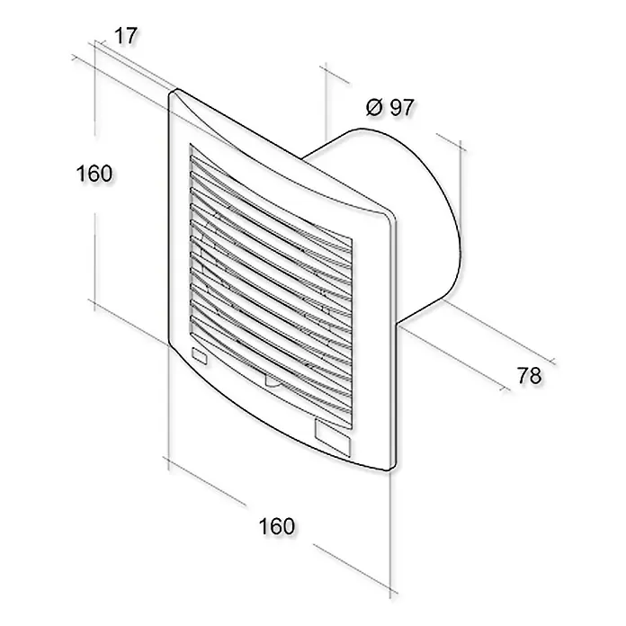 Air-Circle Wandventilator Air Style - Edelstahl, Durchmesser: 10 cm - Technische Zeichnung eines Abluftventilators mit den Maßen 160x160x78 mm und einem Durchmesser von 97 mm.
