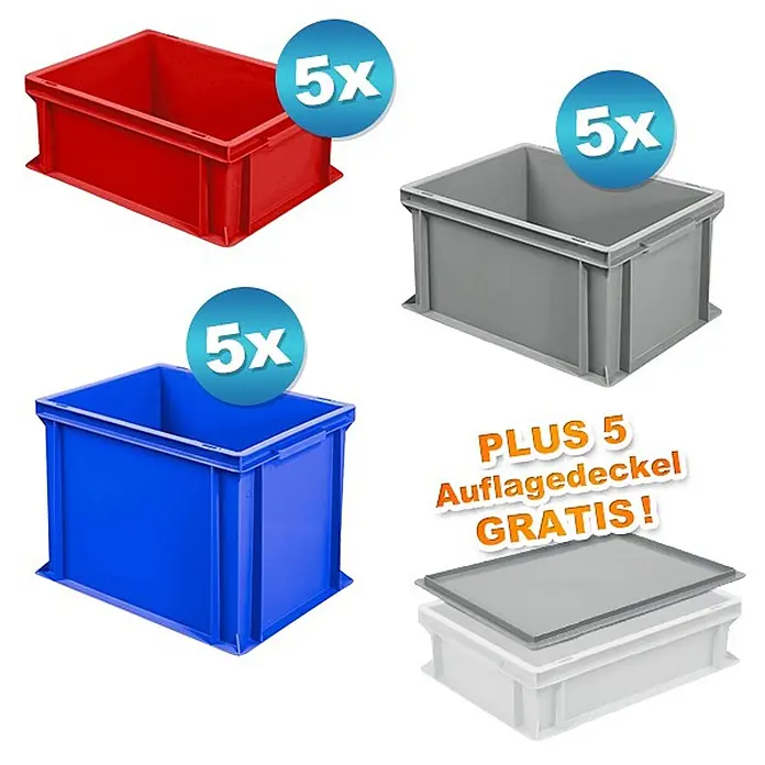 BRB 15x Stapelbox / Eurokästen in 3 Größen / 3 Farben LxB 40x30 cm, je 5x 17, 22, 32 cm hoch + 5x Auflagedeckel! -  - Set aus 20 stapelbaren Kunststoff-Eurobehältern (5 rot, 5 grau, 5 blau, 5 weiß) mit 5 kostenlosen Deckeln.