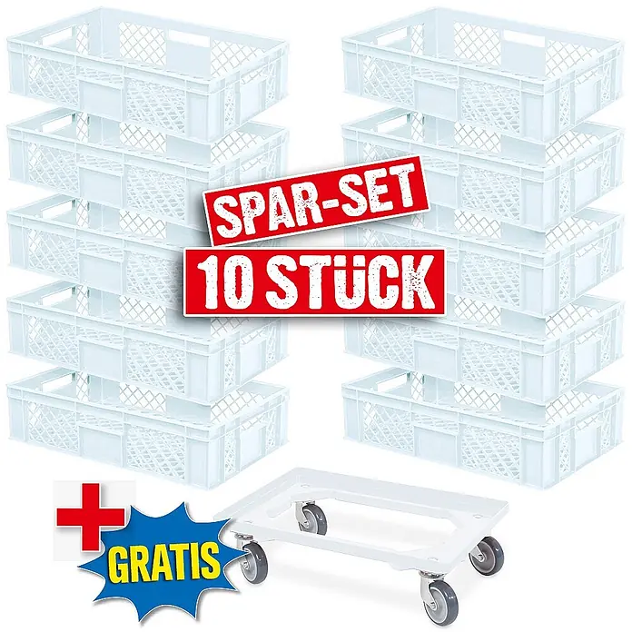 BRB Euroboxen-Set - Kunststoff, weiß/weiß, 11 Stk. - Zehn weiße Kunststoff-Stapelbehälter mit einem weißen Rollwagen.