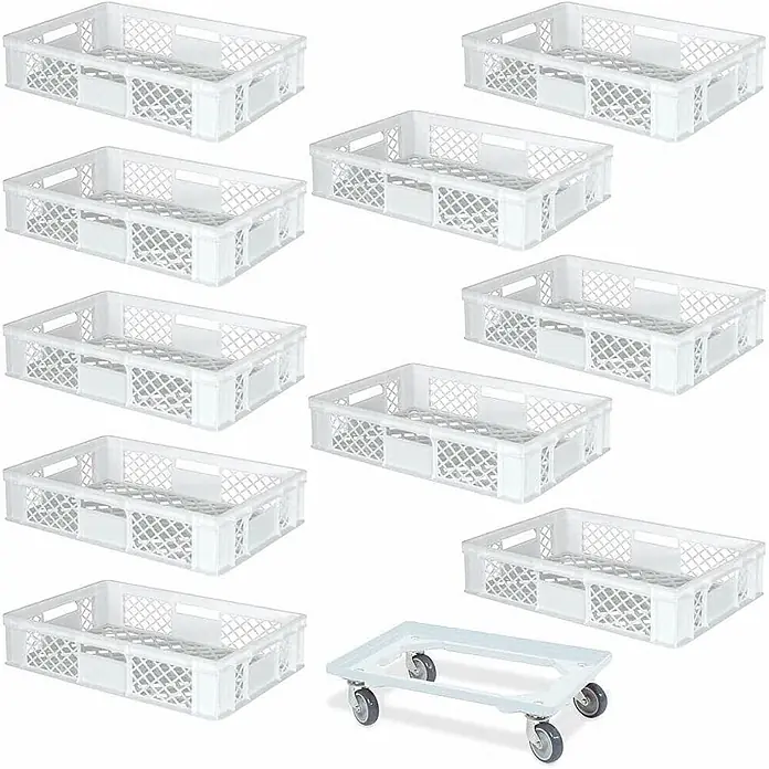 BRB Euroboxen-Set - Kunststoff, weiß/weiß, 11 Stk. - Weiße stapelbare Kunststoffkisten und ein Rollwagen.