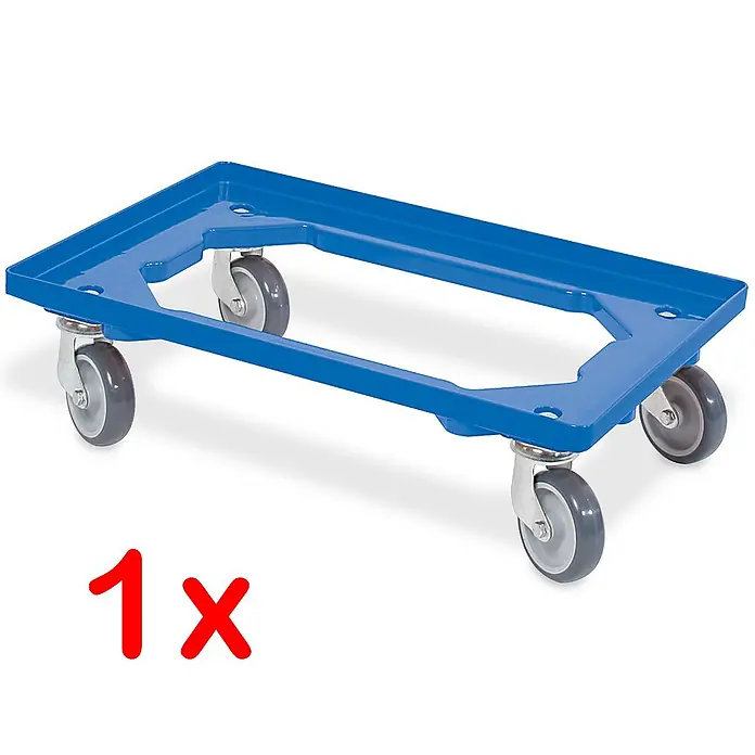 BRB Euroboxen-Set - L x B x H: 60 x 40 x 32 cm, Kunststoff, blau/blau, 11 Stk. - Blauer rechteckiger Transportroller mit vier grauen Lenkrollen zum Bewegen von Gegenständen.
