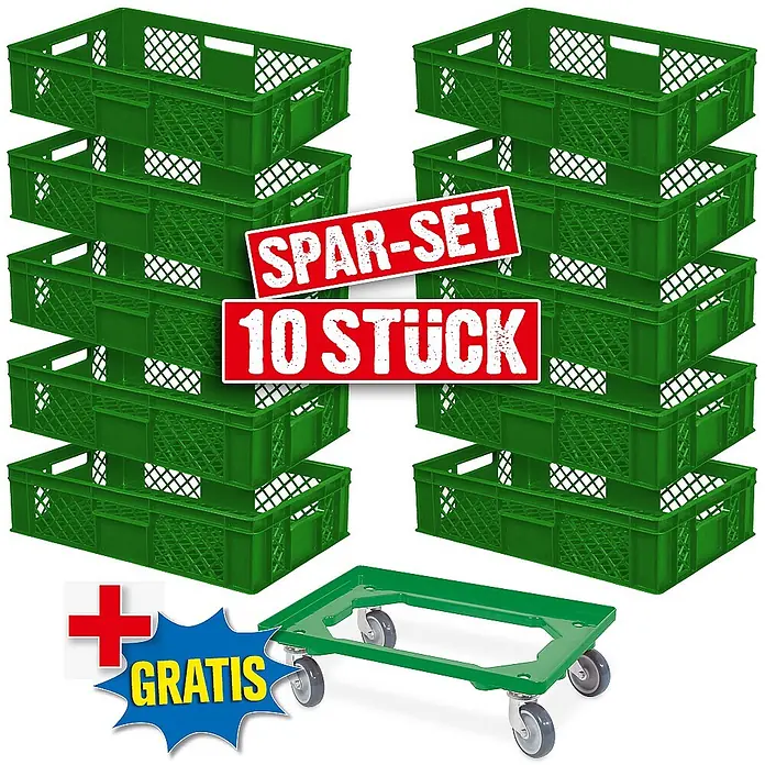 BRB Euroboxen-Set - L x B x H: 60 x 40 x 15 cm, Kunststoff, grün/grün, 11 Stk. - Set aus 10 grünen Kunststoff-Stapelbehältern mit passendem grünen Rolluntersatz.