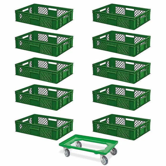 BRB Euroboxen-Set - L x B x H: 60 x 40 x 15 cm, Kunststoff, grün/grün, 11 Stk. - Zehn grüne Kunststoff-Stapelbehälter und ein passender grüner Kunststoff-Rollwagen mit Rädern.