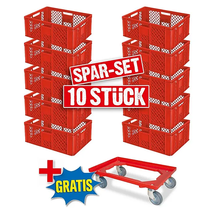 BRB Euroboxen-Set - L x B x H: 60 x 40 x 24 cm, Kunststoff, rot/rot, 11 Stk. - Spar-Set: 10 rote Kunststoff-Stapelbehälter und ein passender roter Rollwagen.