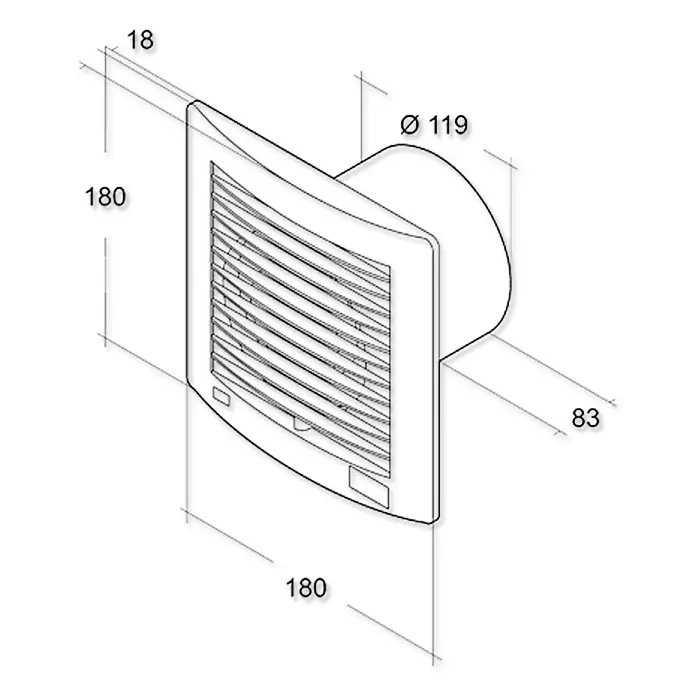Air-Circle Wandventilator Air Style - Weiß, Durchmesser: 12,5 cm - Abbildung eines Wandventilators mit den Maßen 180 x 180 mm, einem Durchmesser von 119 mm und einer Tiefe von 83 mm.