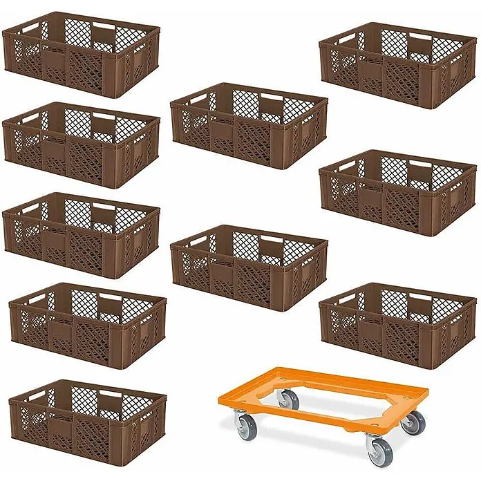 BRB Euroboxen-Set - L x B x H: 60 x 40 x 24 cm, Kunststoff, 11 Stk. - Zehn braune Kunststoff-Lagerkisten und ein oranger Rollwagen zum Transport.