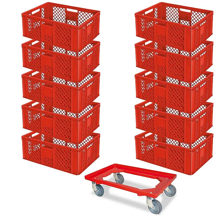 BRB Euroboxen-Set - L x B x H: 60 x 40 x 24 cm, Kunststoff, rot/rot, 11 Stk. - Zwei Stapel roter Kunststoff-Lagerkisten, jeweils mit 6 Kisten, und ein roter Kunststoff-Rollwagen mit Rädern.