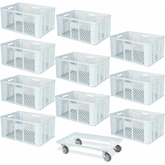 BRB Euroboxen-Set - L x B x H: 60 x 40 x 32 cm, Kunststoff, weiß/weiß, 11 Stk. - Neun weiße stapelbare Kunststoffkisten und ein weißer Rollwagen aus Kunststoff.