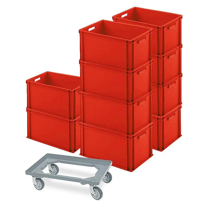 BRB Euroboxen-Set - L x B x H: 60 x 40 x 32 cm, Kunststoff, rot/grau, 11 Stk. - Rote Kunststoff-Stapelboxen in verschiedenen Stapeln mit einem grauen Transportroller auf Rollen.