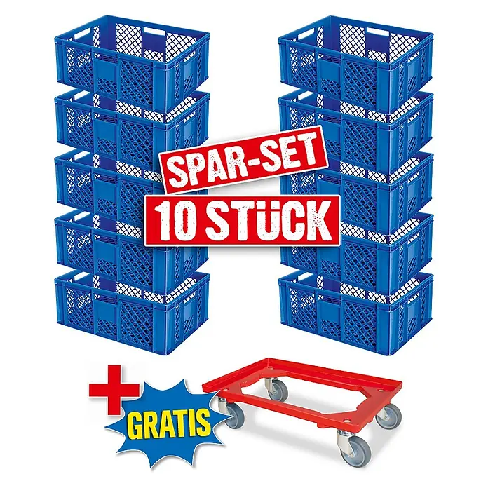 BRB Euroboxen-Set - L x B x H: 60 x 40 x 24 cm, Kunststoff, blau/rot, 11 Stk. - Spar-Set: 10 blaue stapelbare Kunststoffkisten und ein kostenloser roter Rollwagen für den Transport.