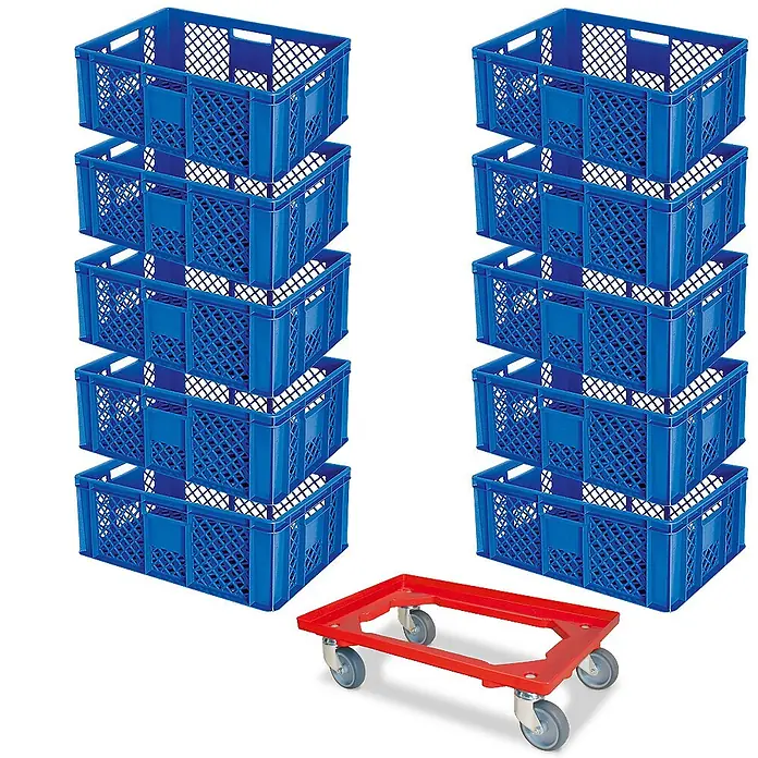 BRB Euroboxen-Set - L x B x H: 60 x 40 x 24 cm, Kunststoff, blau/rot, 11 Stk. - 10 blaue Kunststoff-Lagerkisten gestapelt, mit einem roten Rollwagen.