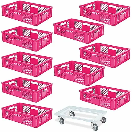 BRB 10 Eurobehälter, LxBxH 60x40x15 cm, Industriequalität, lebensmittelecht + 1 Transportroller mit Deck aus bruchsicherem ABS-Kunststoff (pink/weiß)