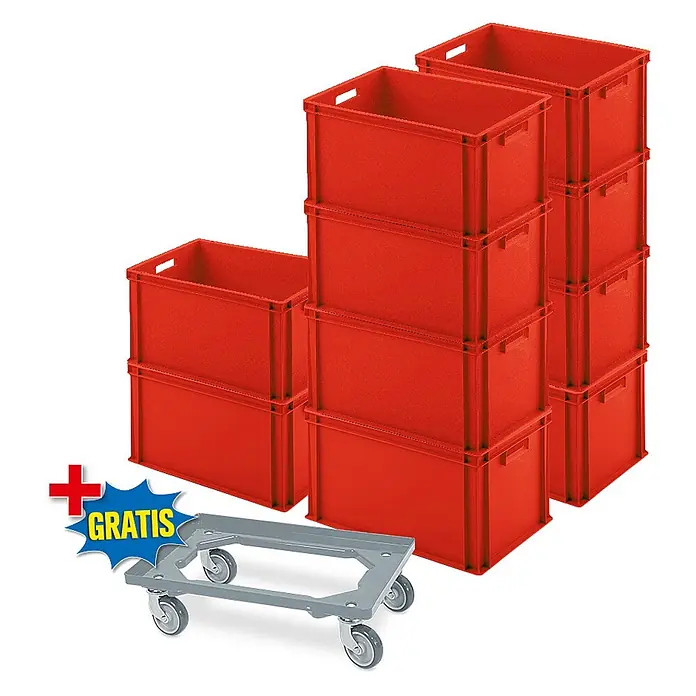 BRB Euroboxen-Set - L x B x H: 60 x 40 x 32 cm, Kunststoff, rot/grau, 11 Stk. - Gestapelte rote Kunststoff-Stapelbehälter mit grauem Rollwagen, als kostenloser Bonus angeboten.