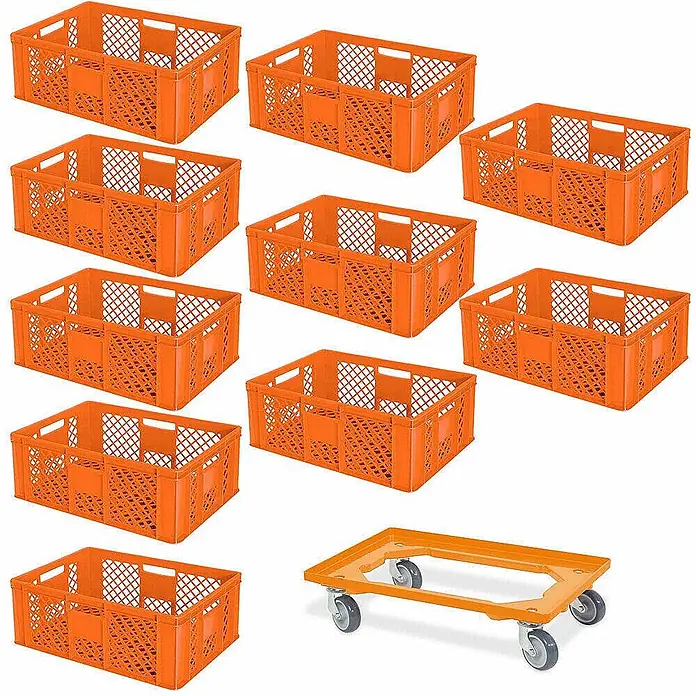 BRB 10 Eurobehälter, LxBxH 60x40x24 cm, lebensmittelecht + 1 Transportroller - orange/orange - Zehn orangefarbene Kunststoffkisten und ein passender oranger Rollwagen für den Transport. Die Kisten haben ein Gittermuster.