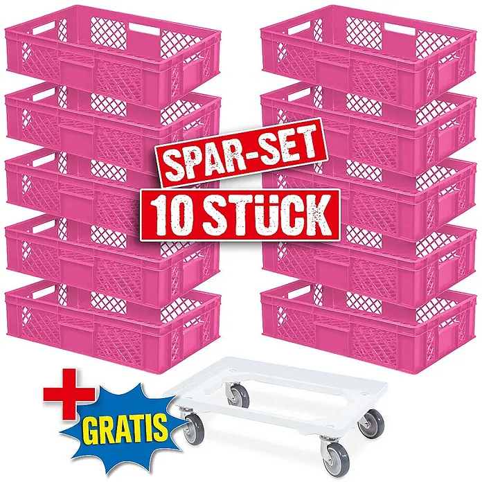 BRB 10 Eurobehälter, LxBxH 60x40x15 cm, Industriequalität, lebensmittelecht + 1 Transportroller mit Deck aus bruchsicherem ABS-Kunststoff - pink/weiß - Spar-Set: 10 pinke Kunststoff-Lagerkisten mit gratis weißem Rolluntersatz.