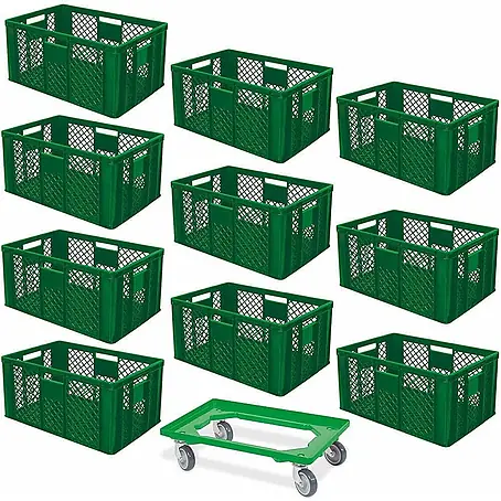 BRB 10er Spar-Set Euro-Stapelbehälter Plus Transportroller, 60x40x32 cm Industriequalität lebensmittelecht grün