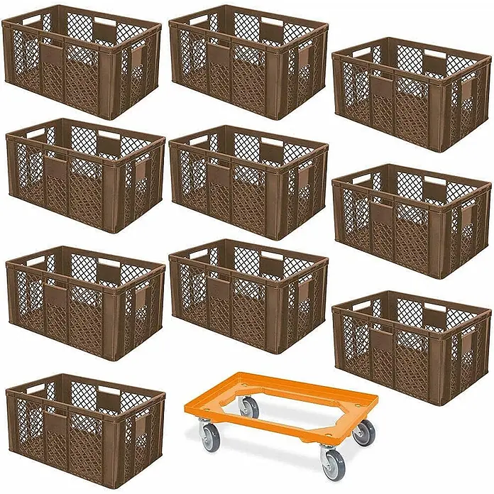 BRB Euroboxen-Set - L x B x H: 60 x 40 x 32 cm, Kunststoff, braun/orange, 11 Stk. - Neun braune Kunststoff-Lagerkisten und ein orangefarbener Rollwagen mit Rädern zum Transport.