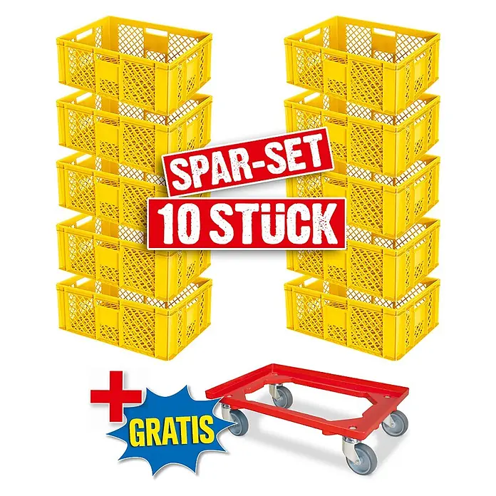 BRB 10 Eurobehälter, LxBxH 60x40x24 cm, lebensmittelecht + 1 Transportroller - gelb/rot - Zehn gelbe, stapelbare Kunststoffkisten im Spar-Set, plus gratis roter Rolluntersatz.