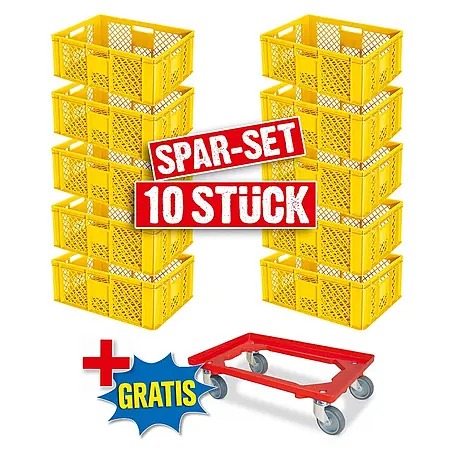 BRB 10 Eurobehälter, LxBxH 60x40x24 cm, lebensmittelecht + 1 Transportroller (gelb/rot)