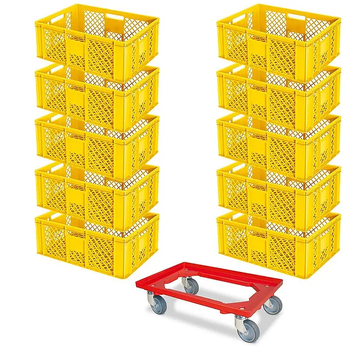 BRB 10 Eurobehälter, LxBxH 60x40x24 cm, lebensmittelecht + 1 Transportroller - gelb/rot - Zwei Stapel gelber, perforierter Kunststoffkisten und ein roter Rollwagen aus Kunststoff.
