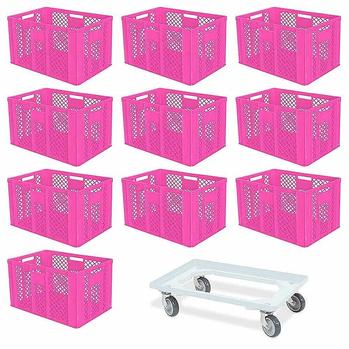 BRB 10er SPAR-Set Euro-Stapelbehälter PLUS Transportroller, 60x40x41 cm Industriequalität lebensmittelecht pink -  - Zehn perforierte pinkfarbene Kunststoffkisten und ein weißer Transportroller mit Rollen.