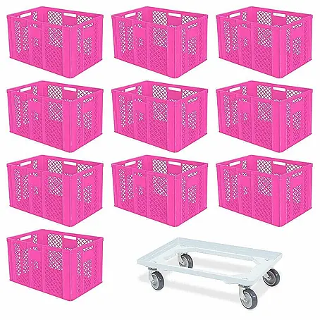 BRB 10er SPAR-Set Euro-Stapelbehälter PLUS Transportroller, 60x40x41 cm Industriequalität lebensmittelecht pink