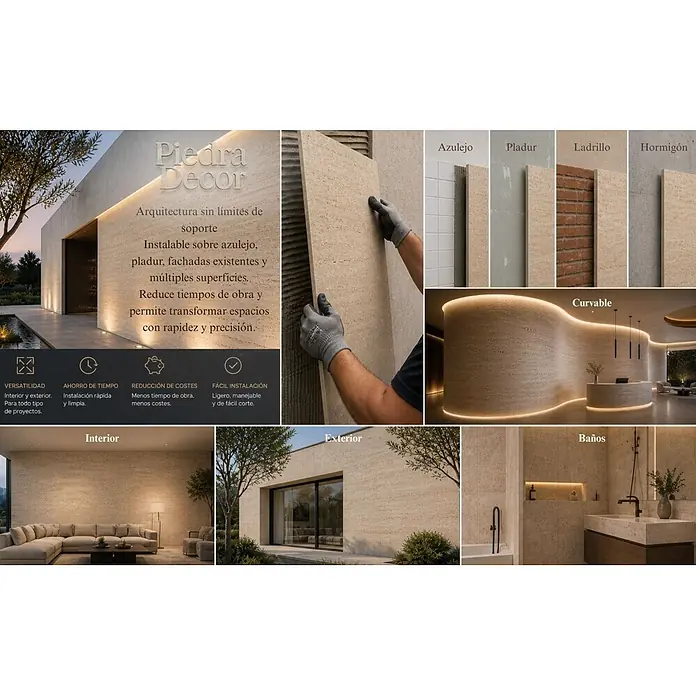 Panel de pared Sol - 60 x 120 mm, Lineal Big, 2 ud. - Paneles arquitectónicos Piedra Decor, revestimiento de aspecto piedra beige claro, mostrado en varias aplicaciones interiores/exteriores y pasos de instalación.