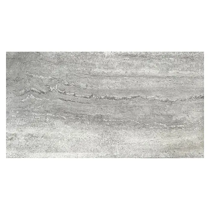 Panel de pared Travertine - 60 x 120 mm, Roca Grey, 2 ud. - Textura de piedra natural gris claro con estrías horizontales y un acabado poroso.