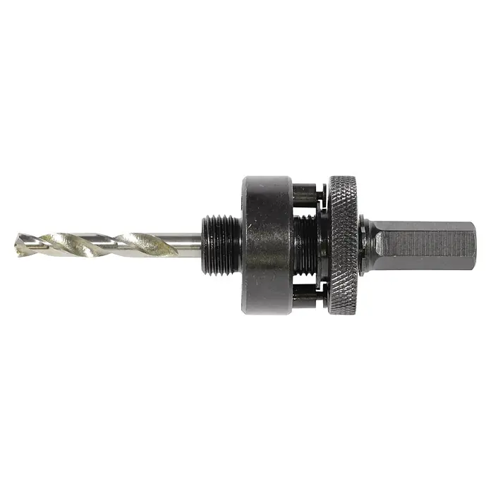 Makita Lochsägen-Set Sanitär D-47298 -  - Silberner Bohrer befestigt an einem schwarzen Adapter mit Gewindeteil, Rändelring und Sechskantschaft für Elektrowerkzeuge.