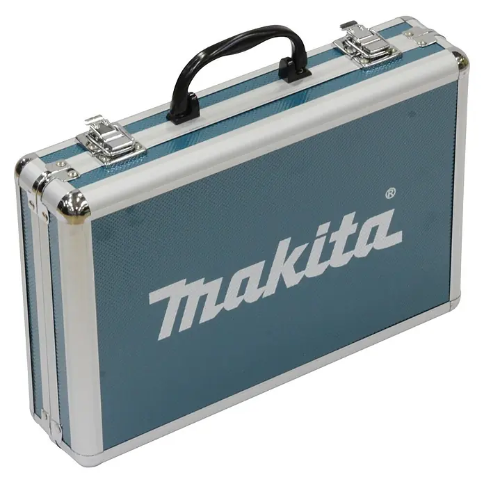 Makita Lochsägen-Set Sanitär D-47298 -  - Blaugrauer Makita Aluminium-Werkzeugkoffer mit schwarzem Griff und silbernen Verschlüssen.