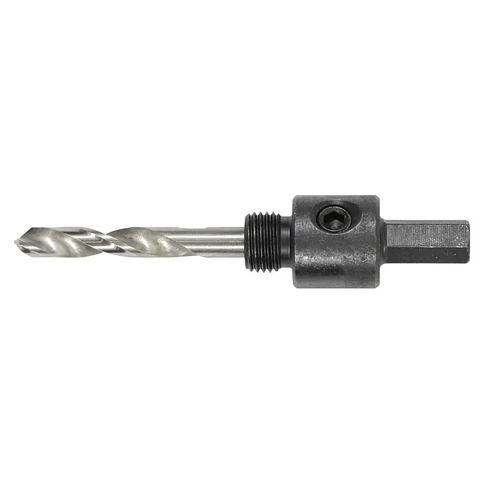 Makita Lochsägen-Set Sanitär D-47298 -  - Ein Metallbohrer mit Gewindeschaft und einem dunkelgrauen Sechskantadapter mit Innensechskantschraube.