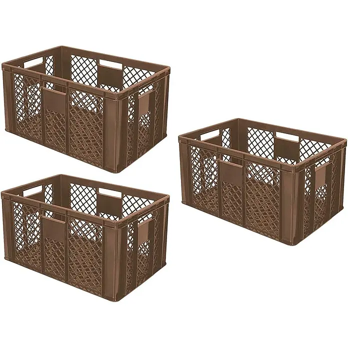 BRB Euroboxen-Set - L x B x H: 60 x 40 x 32 cm, Kunststoff, braun, 3 Stk. - Drei braune Kunststoffkisten mit perforierten Seiten, geeignet zur Lagerung oder zum Transport.