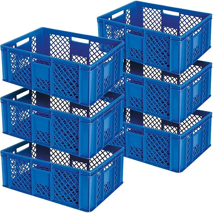 BRB 6x Eurobehälter durchbrochen/Stapelkorb, LxBxH 60x40x24 cm, lebensmittelecht, Industriequalität - blau - Stapelbare blaue Kunststoffkisten mit gelochten Seiten.