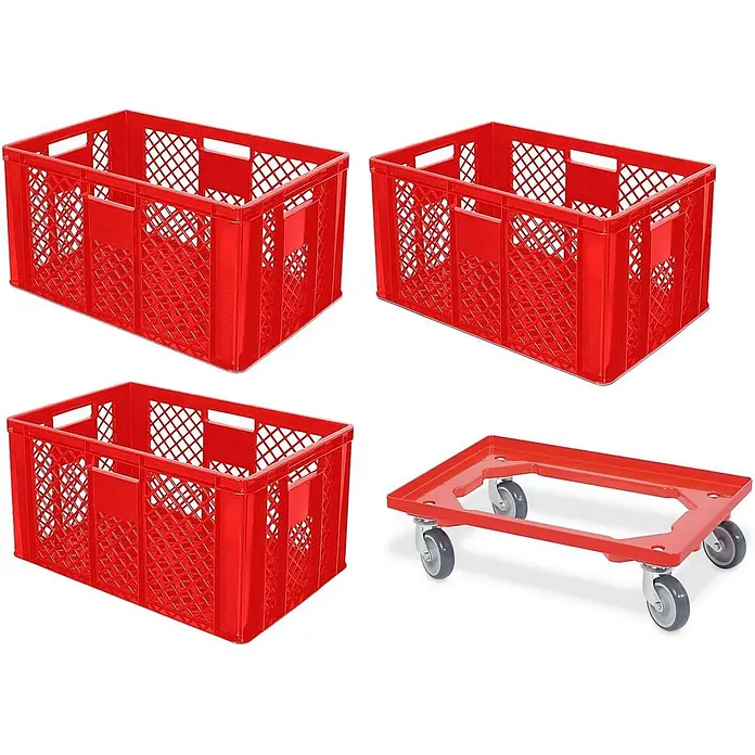 BRB Euroboxen-Set - L x B x H: 60 x 40 x 32 cm, Kunststoff, rot, 4 Stk. - Drei rote Kunststoff-Stapelbehälter und ein roter Kunststoff-Rollwagen zum Transport.