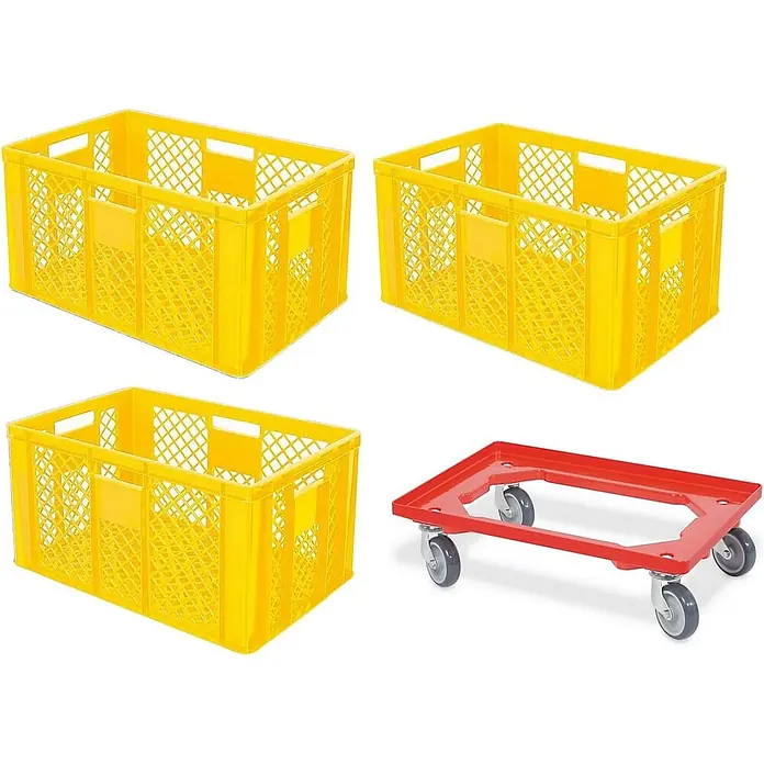 BRB Euroboxen-Set - L x B x H: 60 x 40 x 32 cm, Kunststoff, gelb, 4 Stk. - Drei gelbe Kunststoffkisten und ein roter Rollwagen für den Transport.