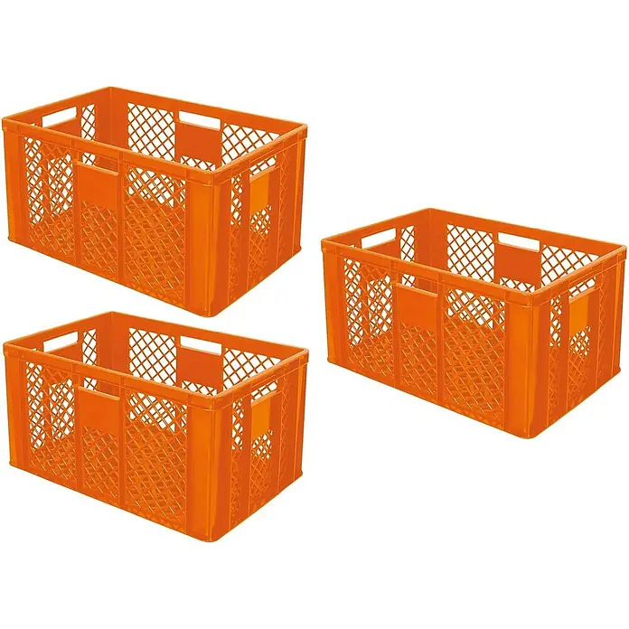 BRB Euroboxen-Set - L x B x H: 60 x 40 x 32 cm, Kunststoff, orange, 3 Stk. - Drei orangefarbene, perforierte Kunststoffkisten.