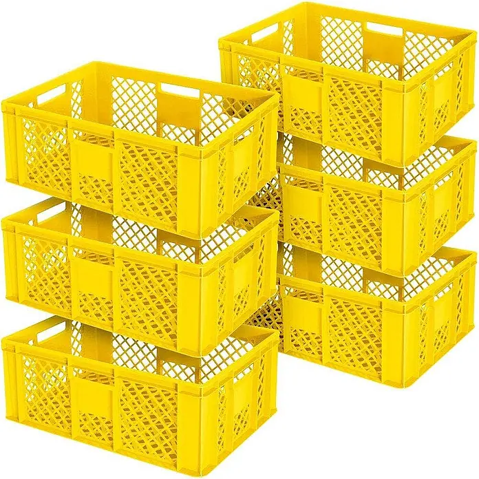 BRB Euroboxen-Set - L x B x H: 60 x 40 x 24 cm, Kunststoff, gelb, 6 Stk. - Gestapelte gelbe Kunststoffkisten.
