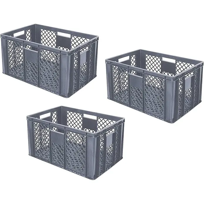 BRB Euroboxen-Set - L x B x H: 60 x 40 x 32 cm, Kunststoff, grau, 3 Stk. - Drei graue Kunststoff-Lagerkisten mit perforierten Seiten und Griffen.