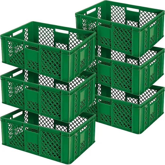 BRB 6x Eurobehälter durchbrochen/Stapelkorb, LxBxH 60x40x24 cm, lebensmittelecht, Industriequalität - grün - Mehrere grüne stapelbare Kunststoff-Aufbewahrungskästen.