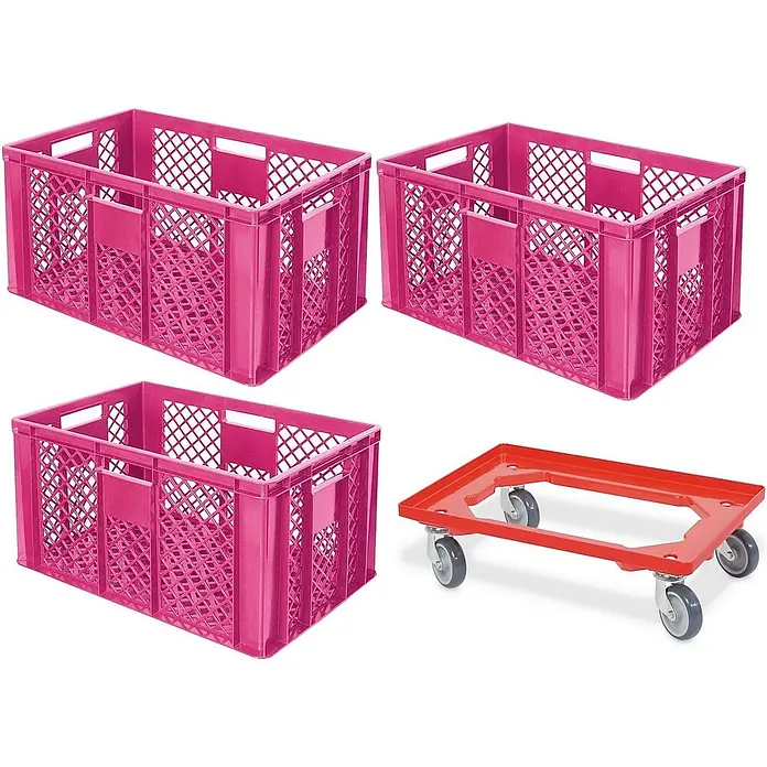 BRB Euroboxen-Set - L x B x H: 60 x 40 x 32 cm, Kunststoff, pink, 4 Stk. - Drei pinkfarbene Kunststoff-Lagerkisten und ein roter Rollwagen zum Transport.