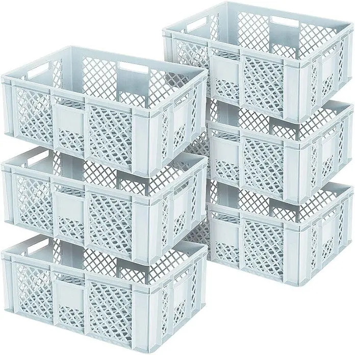 BRB Euroboxen-Set - L x B x H: 60 x 40 x 24 cm, Kunststoff, weiß, 6 Stk. - Stapel hellgrauer Kunststoff-Aufbewahrungskisten mit Gitterdesign, ideal zum Organisieren.