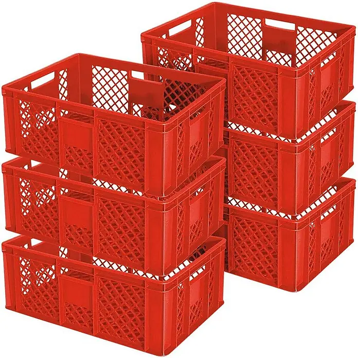 BRB Euroboxen-Set - L x B x H: 60 x 40 x 24 cm, Kunststoff, rot, 6 Stk. - Satz roter Kunststoff-Gitterkisten, sauber gestapelt.