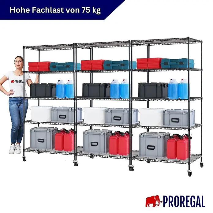 Proregal Metallregal 3er Set Gitterregal HADES mit Rollen - H x B x T: 180 x 90 x 60 cm, Traglast pro Boden: 75 kg, Anzahl Böden: 5 Stk., Stecken, Schwarz - Großes schwarzes Metall-Drahtregal mit 5 Böden, auf Rollen, beladen. Frau als Größenvergleich, zeigt 75 kg Fachlast.