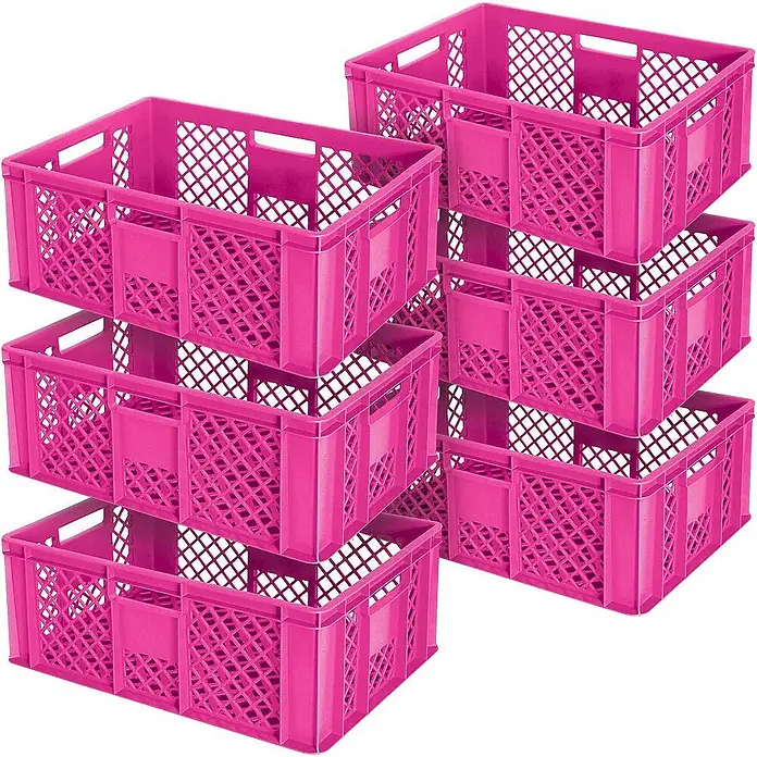 BRB Euroboxen-Set - L x B x H: 60 x 40 x 24 cm, Kunststoff, pink, 6 Stk. - Mehrere stapelbare pinkfarbene Kunststoffkisten mit gelochten Seiten.