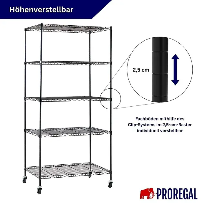 Proregal Metallregal 3er Set Gitterregal HADES mit Rollen - H x B x T: 180 x 90 x 60 cm, Traglast pro Boden: 75 kg, Anzahl Böden: 5 Stk., Stecken, Schwarz - Schwarzes Drahtregal mit fünf höhenverstellbaren Fachböden im 2,5-cm-Raster und Rollen.