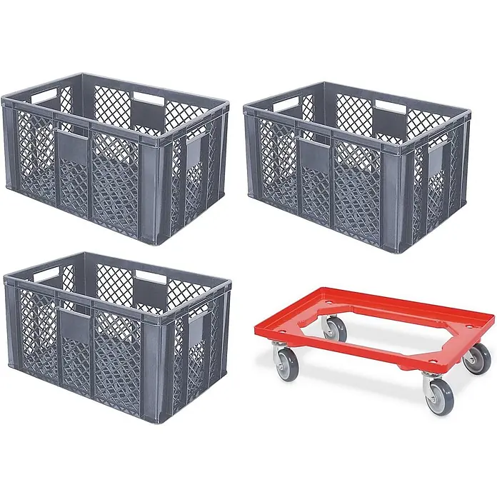BRB Euroboxen-Set - L x B x H: 60 x 40 x 32 cm, Kunststoff, grau, 4 Stk. - Drei graue Kunststoff-Lagerkisten und ein roter Rolluntersatz mit Rädern für den Transport.