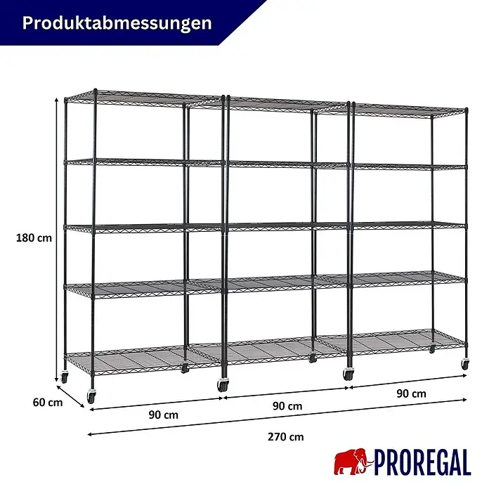 Proregal Metallregal 3er Set Gitterregal HADES mit Rollen - H x B x T: 180 x 90 x 60 cm, Traglast pro Boden: 75 kg, Anzahl Böden: 5 Stk., Stecken, Schwarz - Großes, dunkles Metall-Drahtregal, modular, mit mehreren Ablagen und Rollen.