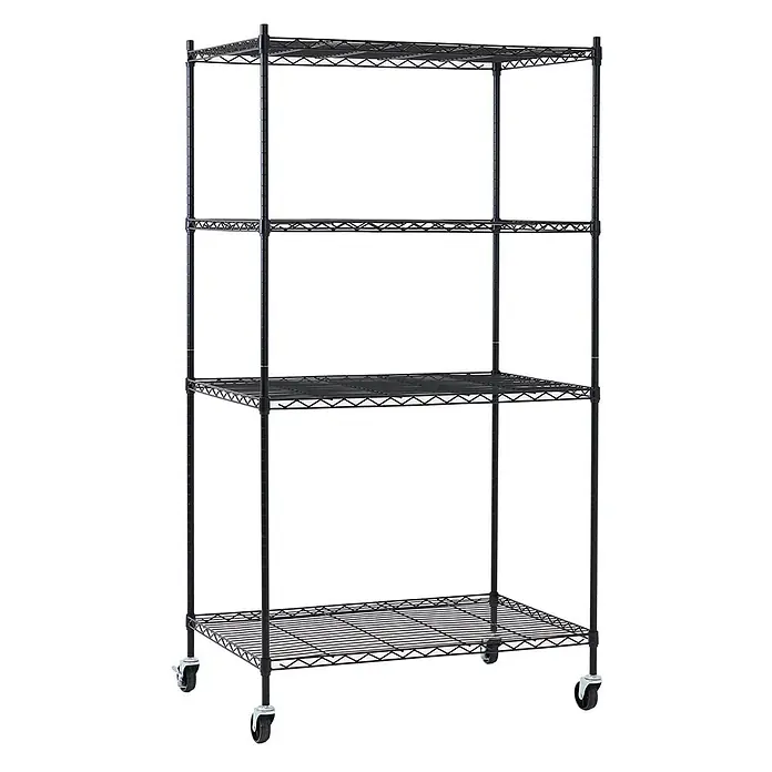 Proregal Metallregal Gitterregal HADES mit Rollen - H x B x T: 160 x 90 x 60 cm, Traglast pro Boden: 75 kg, Anzahl Böden: 4 Stk., Stecken, Schwarz - Schwarzes 4-stufiges Metallregal aus Draht mit Rollen für mobile Aufbewahrung.