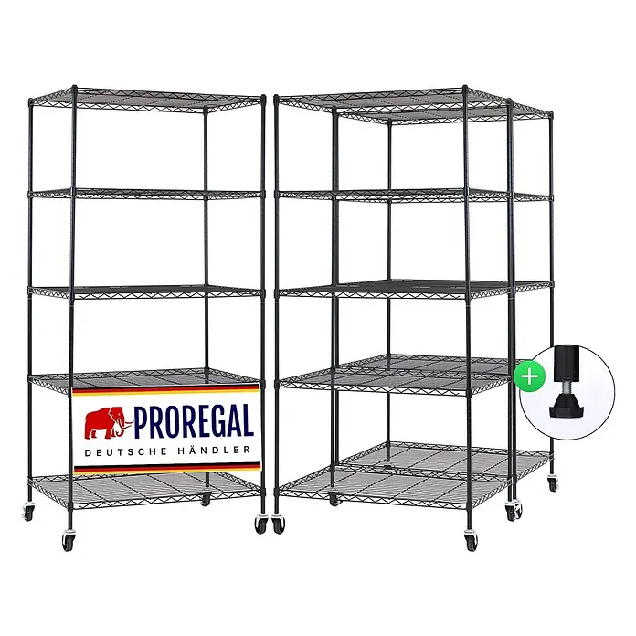 Proregal Metallregal 3er Set Gitterregal HADES mit Rollen - H x B x T: 180 x 90 x 60 cm, Traglast pro Boden: 75 kg, Anzahl Böden: 5 Stk., Stecken, Schwarz - Zwei schwarze Drahtregale aus Metall mit Rollen, mit einem verstellbaren Fuß.