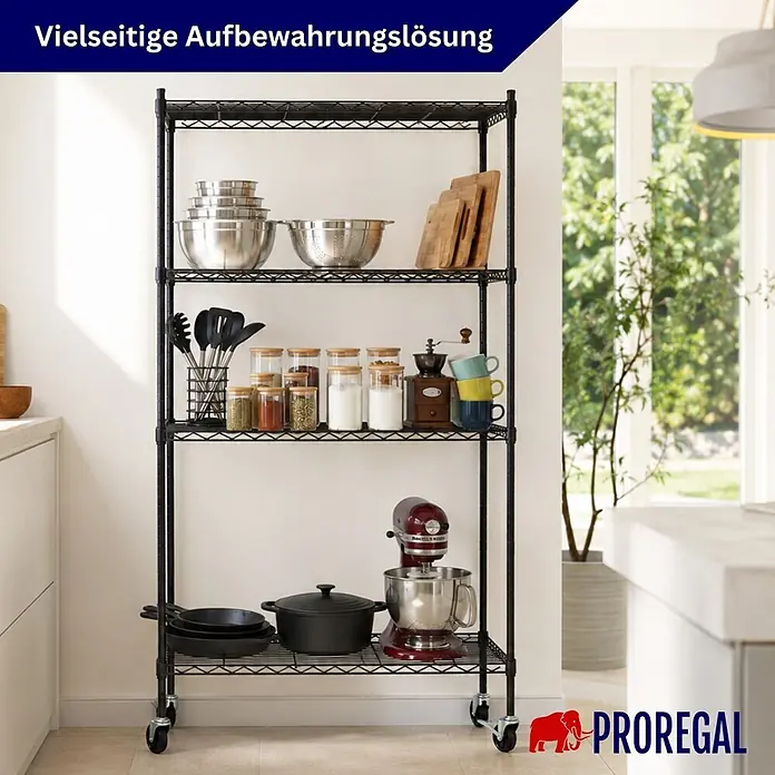 Proregal Metallregal Gitterregal HADES mit Rollen - H x B x T: 160 x 90 x 60 cm, Traglast pro Boden: 75 kg, Anzahl Böden: 4 Stk., Stecken, Schwarz - Schwarzes 4-etagiges Drahtregal auf Rollen, gefüllt mit Küchenutensilien, bietet vielseitigen Stauraum in der Küche.